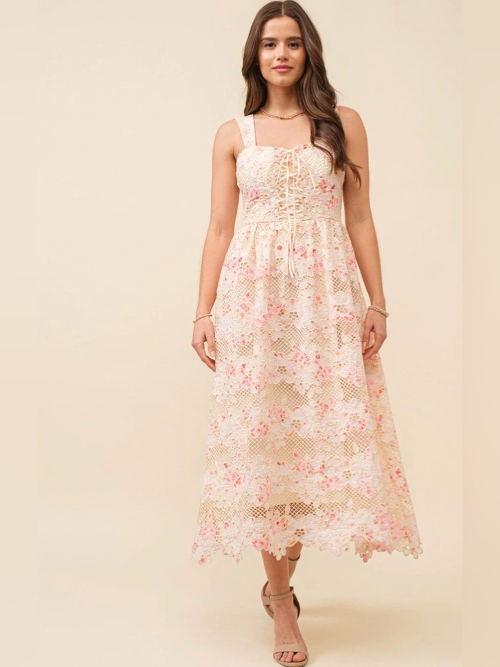 A642. Floral Lace Up Midi Dress in Blush Pink